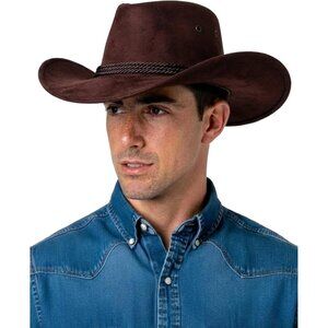 Men's Brown Western Suede Wide Brim Braided Band Classic Fedora Cowboy Felt Hat